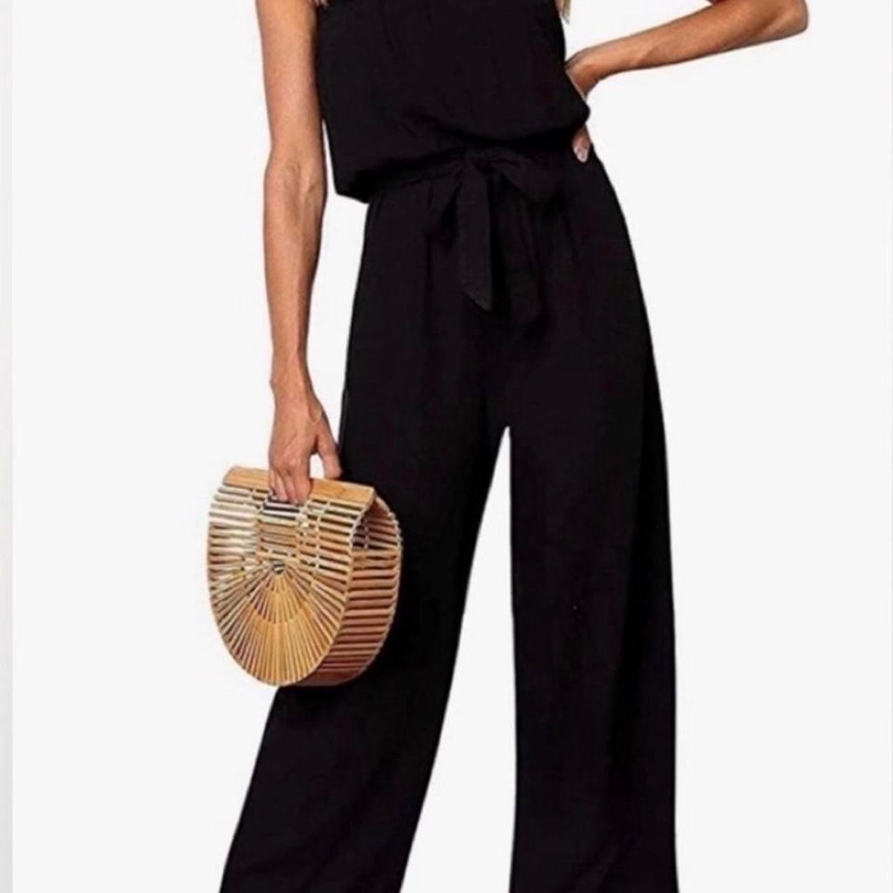 Black Strapless Off Shoulder Belted Wide Leg Jumpsuit Romper M